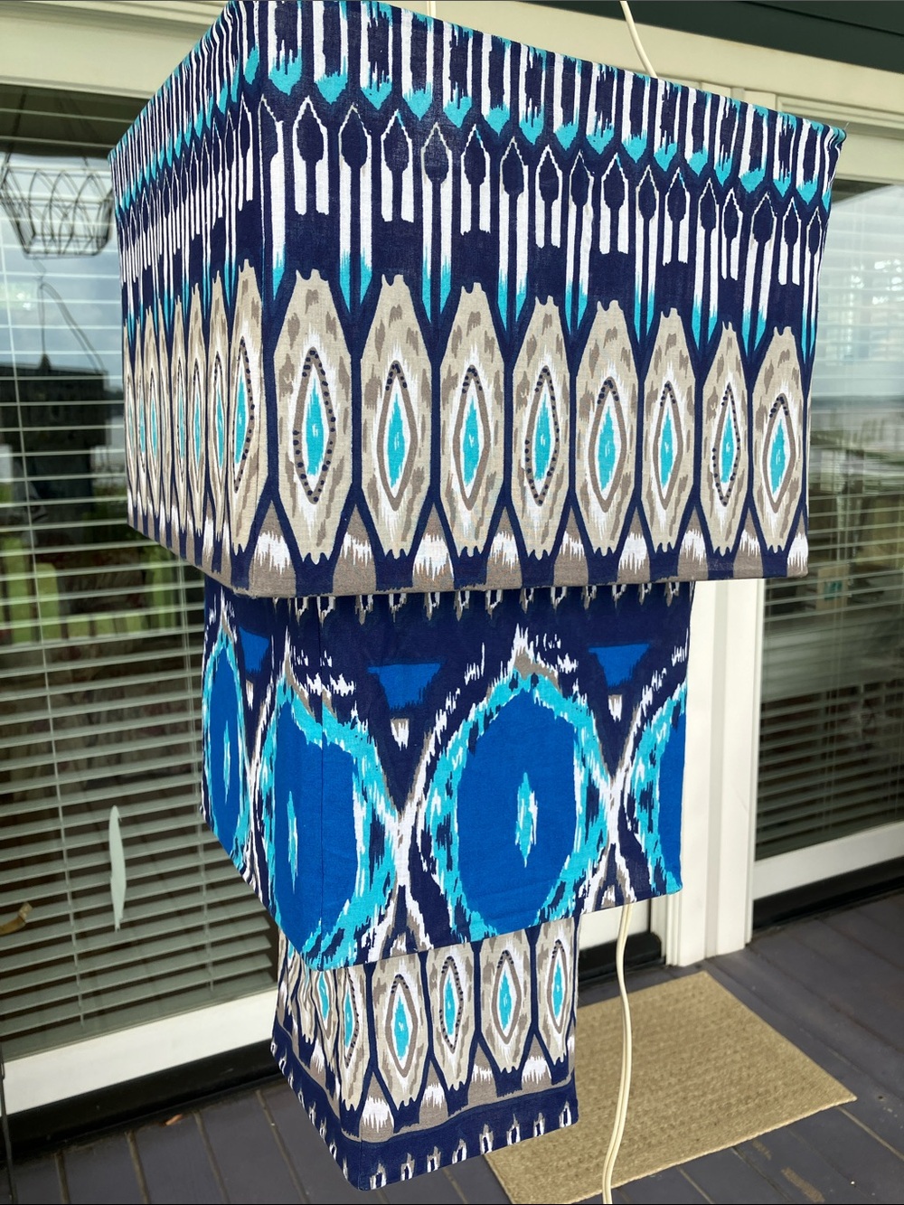Pier 1 Imports Multi Blue Tiered IKAT Fabric Pendant Hanging Lamp
